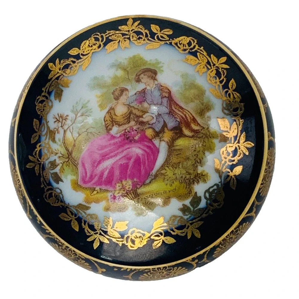 Limoges France Fragonard Courting Couple Trinket Box Blue Gold 2.5